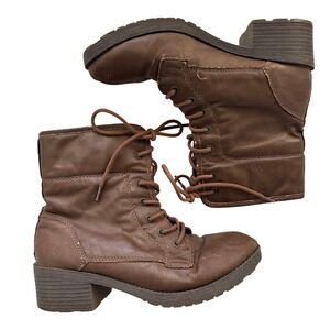 Rock & Candy Sprancie Brown Lace Up Combat Boots Womens 8 Block Heel Lug Sole